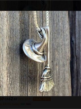 ⭐️ Witch Hat and Broom Pendant Necklace - Silvertone New